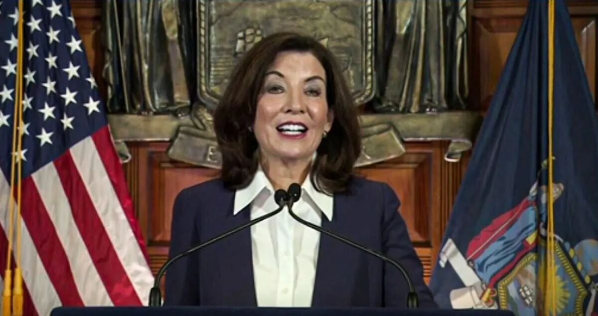 A video photo showing New York Gov. Kathy Hochul delivering a guidance about health worker quarantine at the Capitol, on Dec. 24, 2021. (AP/Screenshot via The Epoch Times)