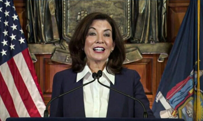 A video photo showing New York Gov. Kathy Hochul delivering a guidance about health worker quarantine at the Capitol, on Dec. 24, 2021. (AP/Screenshot via The Epoch Times)