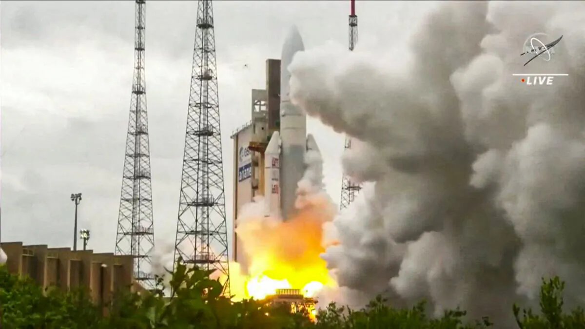 Arianespace's Ariane 5 rocket, with NASA's James Webb Space Telescope onboard, launches from Europe's Spaceport, the Guiana Space Center in Kourou, French Guiana, on Dec. 25, 2021, in a still image from video. (NASA/NASA TV/Handout via Reuters)