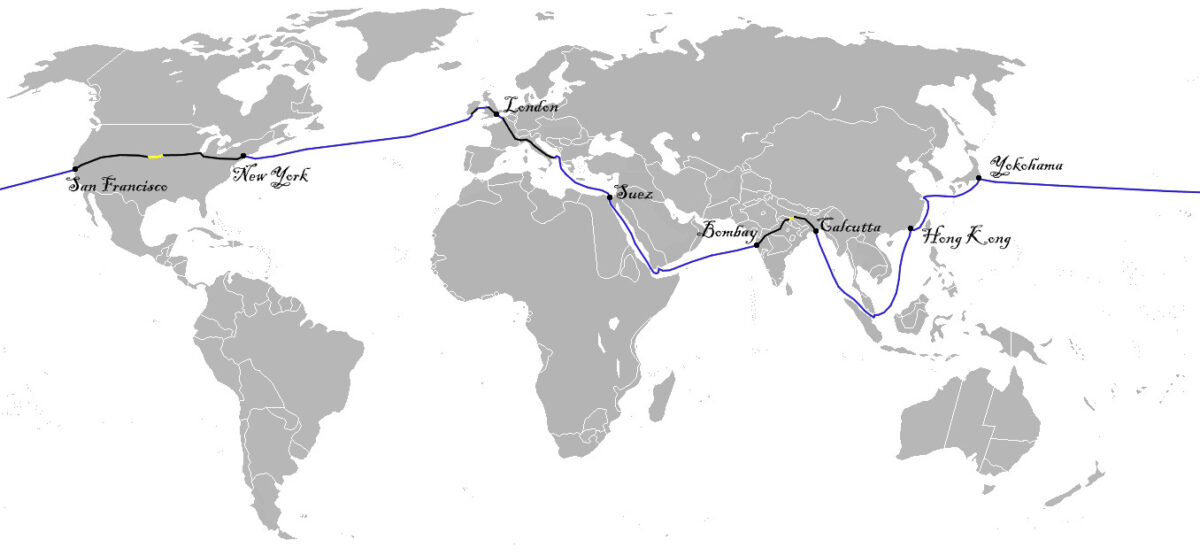 Would you like to go on an adventure around the world? A map showing Phileas Fogg's route. (Roke/ CC BY-SA 3.0)