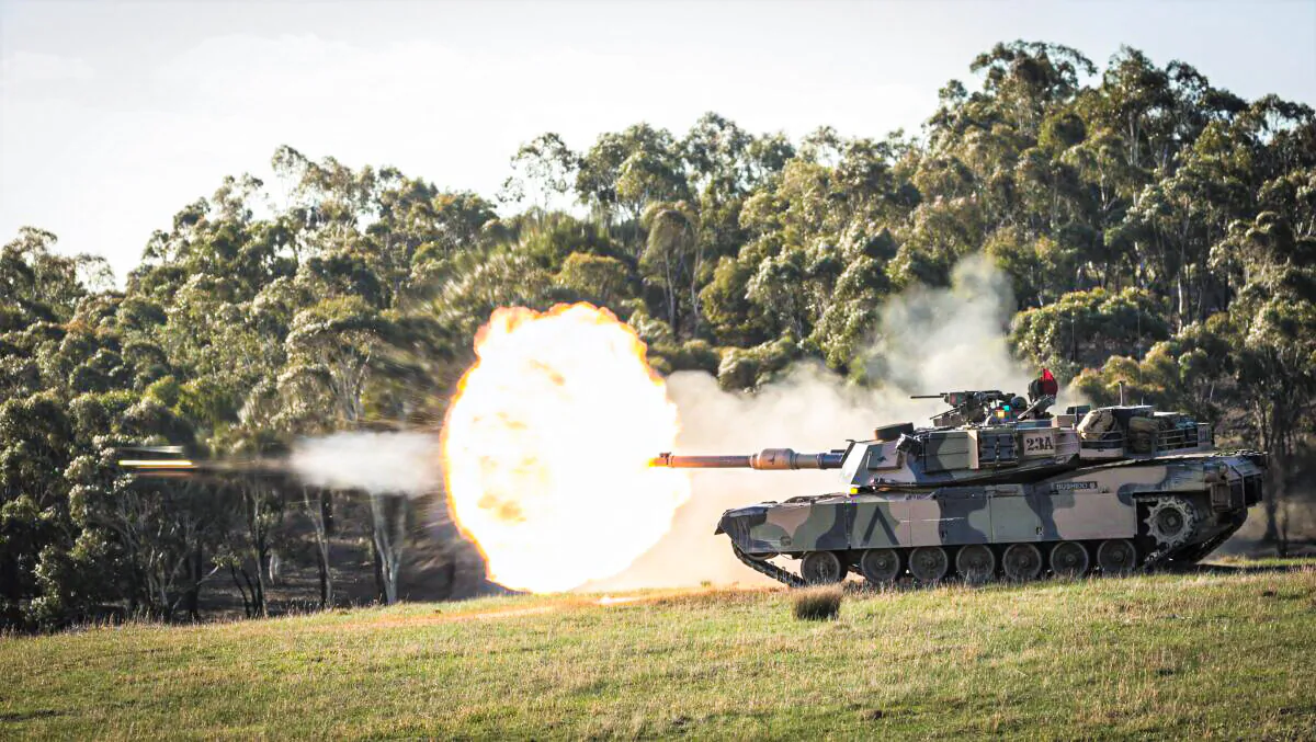 A supplied photograph of an Australian Army M1A1 Abrams tank firing at targets during Exercise Chong Ju at Puckapunyal training area, Victoria, Australia on May 17, 2018.  (AAP Image/Supplied by Australian Department of Defence) 