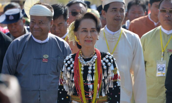 Myanmar's State Counsellor Aung San Suu Kyi (C) attends a ceremony for the country's 73rd Union Day in Pinlon, Shan State, Myanmar, on Feb. 12, 2020. (Thet Aung/AFP via Getty Images)