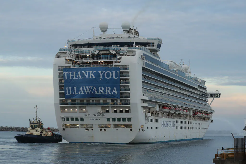 The Ruby Princess cruise ship departs from Port Kembla on April 23, 2020 in Wollongong, Australia. (Mark Metcalfe/Getty Images)