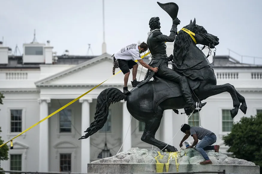 Protesters attempt to pull down the statue of Andrew Jackson in Lafayette Square near the White House in Washington on June 22, 2020. (Drew Angerer/Getty Images)