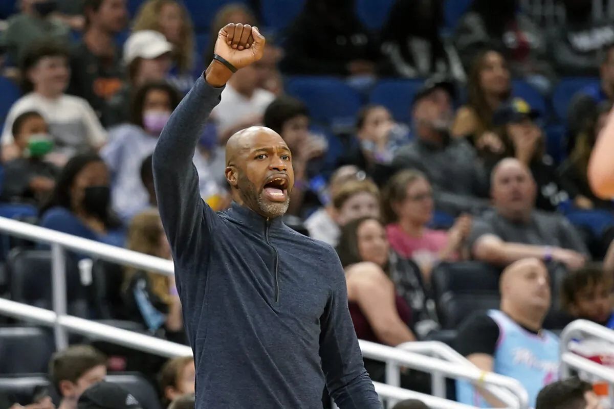 Orlando Magic head coach Jamahl Mosley directs his players against the Miami Heat, during an NBA game in Orlando, Fla., on Dec. 17, 2021. (John Raoux/AP Photo)
