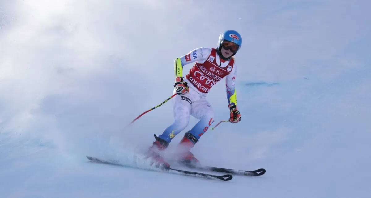 United States' Mikaela Shiffrin arrives at finish area after completing an alpine ski, women's World Cup giant slalom race in Courchevel, France, on Dec. 22, 2021. (Giovanni Maria Pizzato/AP Photo)