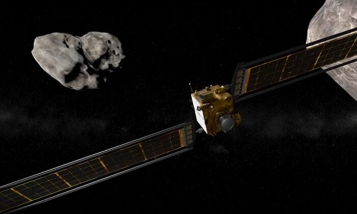 Animation of DART spacecraft impacting asteroid moon Dimorphos. (Coutesy of NASA/JOHNS HOPKINS APL via AP/Screenshot via The Epoch Times)