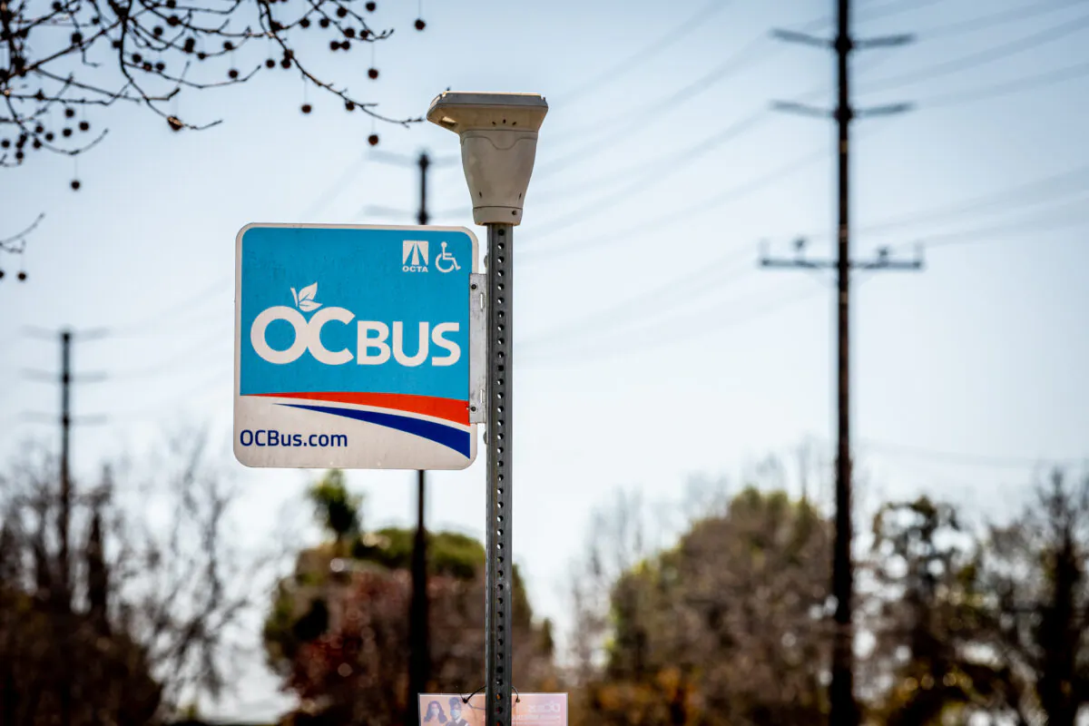 An Orange County Transportation Authority bus stop in Costa Mesa, Calif., on March 3, 2021. (John Fredricks/The Epoch Times)