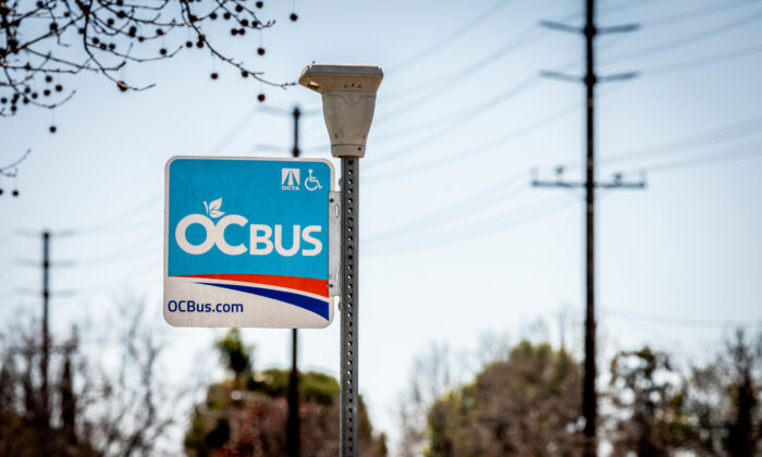 An Orange County Transportation Authority bus stop in Costa Mesa, Calif., on March 3, 2021. (John Fredricks/The Epoch Times)