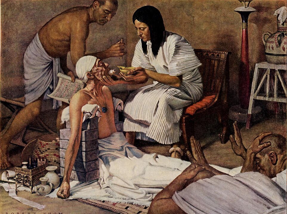 Antibiotics and other antimicrobials have been used since ancient times but more recent iterations have transformed medicine. Depicted is an
illustration by Robert Thom (1957) detailing an ancient Egyptian doctor administering medicine to a patient. (Public Domain)