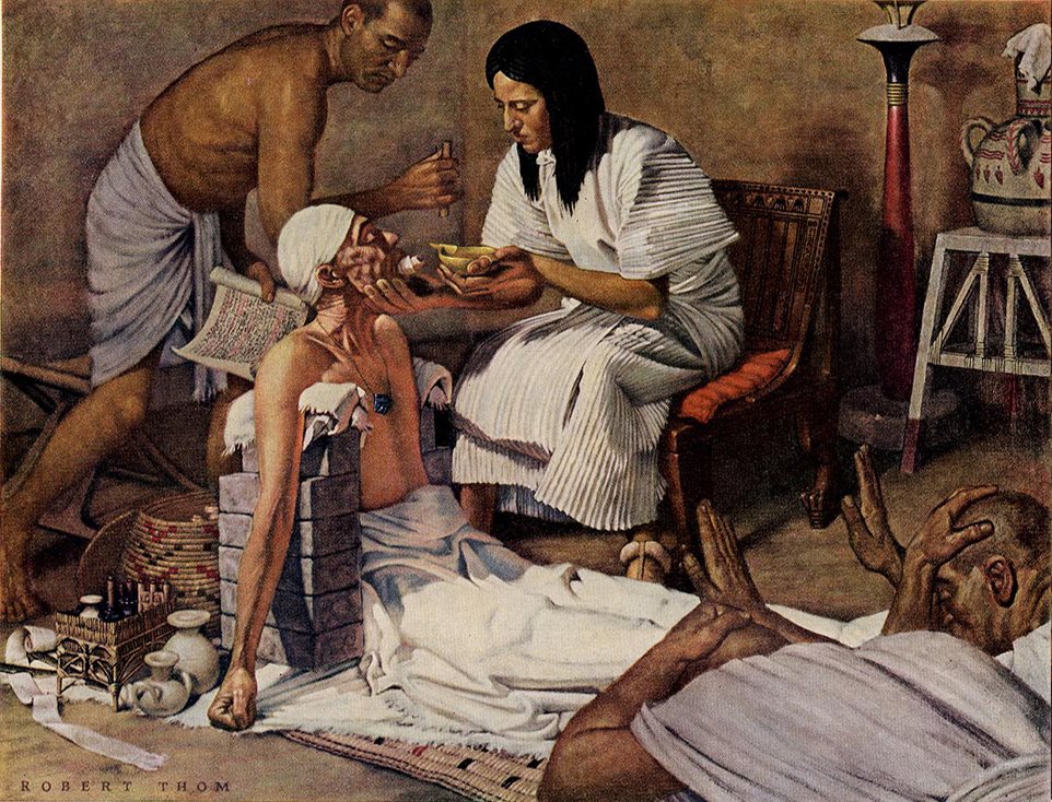 Antibiotics and other antimicrobials have been used since ancient times but more recent iterations have transformed medicine. Depicted is an
illustration by Robert Thom (1957) detailing an ancient Egyptian doctor administering medicine to a patient. (Public Domain)