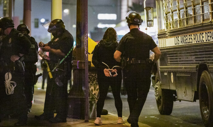 Los Angeles Police Department officers in downtown Los Angeles on Nov. 3, 2020. (John Fredricks/The Epoch Times)