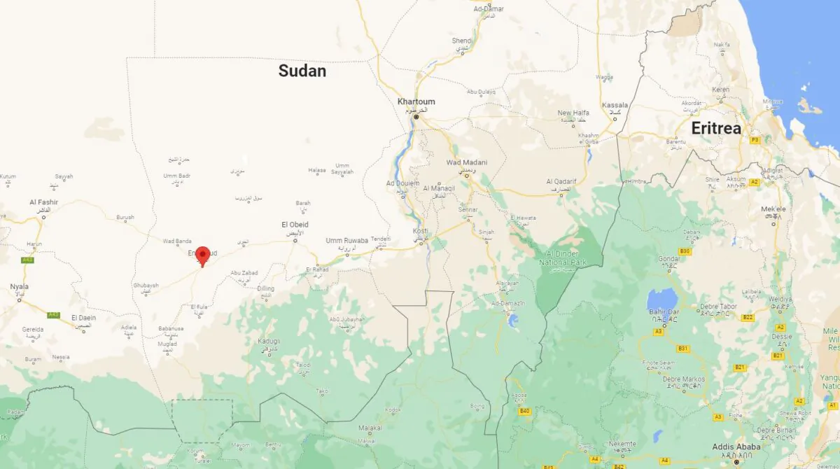A map showing location of the Nuhud town, in West Kordofan province, Sudan, on Dec. 28, 2021. (Google Maps/Screenshot via The Epoch Times)