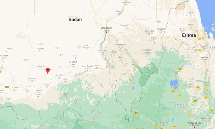 A map showing location of the Nuhud town, in West Kordofan province, Sudan, on Dec. 28, 2021. (Google Maps/Screenshot via The Epoch Times)