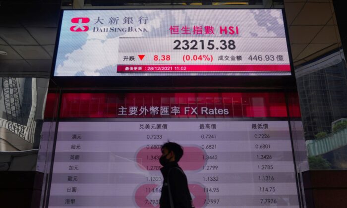 A man walks past a bank's electronic board showing the Hong Kong share index at Hong Kong Stock Exchange, on Dec. 28, 2021. (Vincent Yu/AP Photo)