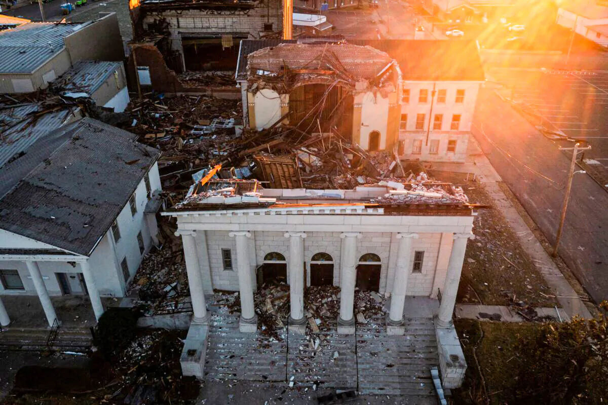 The First United Methodist Church is seen destroyed at sunrise in the aftermath of a tornado in Mayfield, Ky., in this picture taken with a drone, on Dec. 13, 2021. (Adrees Latif/Reuters)