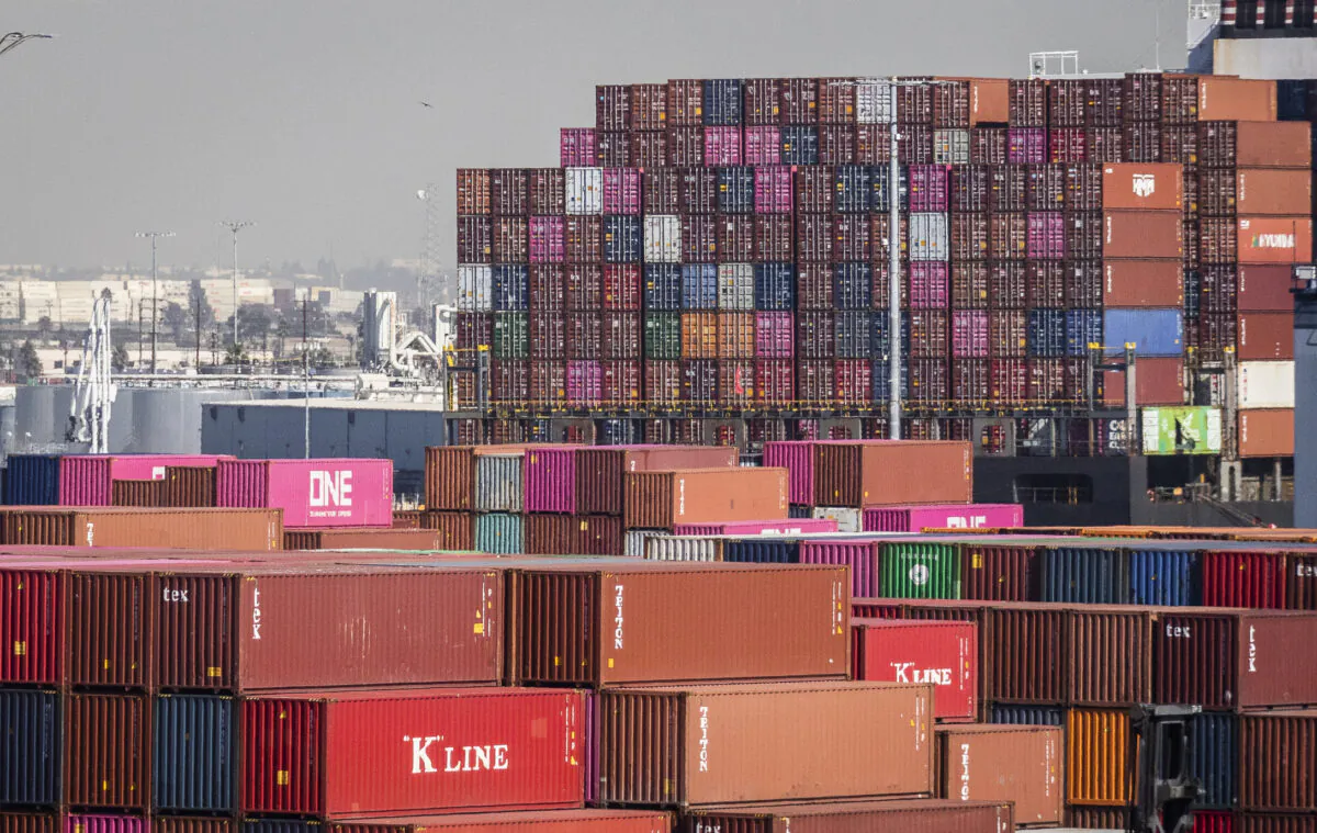 Cargo awaits to be transferred from the Ports of Los Angeles and Long Beach on Oct. 14, 2021. (John Fredricks/The Epoch Times)
