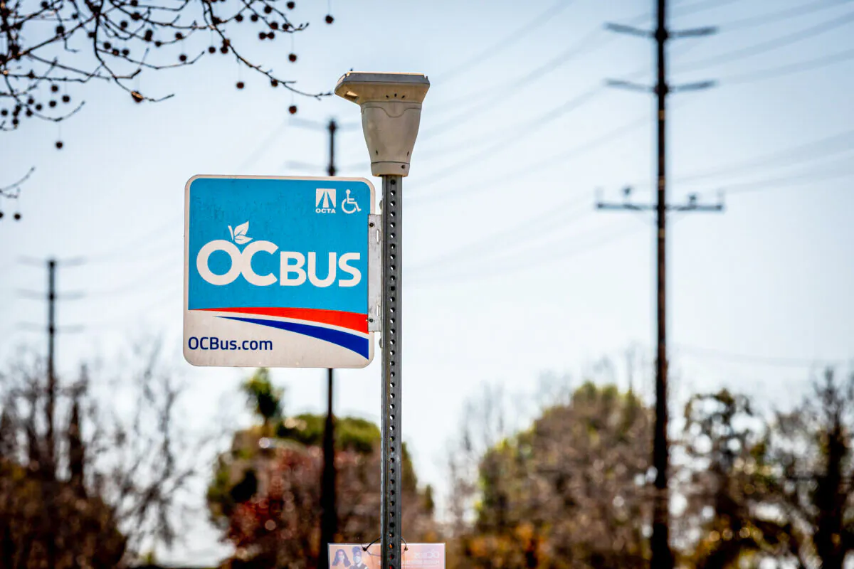 An Orange County Transportation Authority bus stop in Costa Mesa, Calif., on March 3, 2021. (John Fredricks/The Epoch Times)