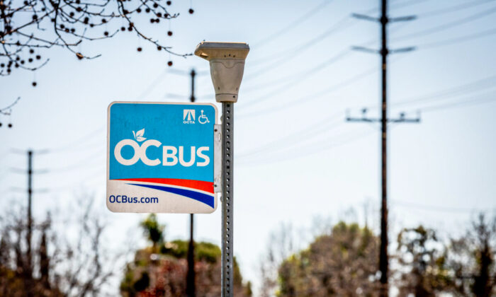 An Orange County Transportation Authority bus stop in Costa Mesa, Calif., on March 3, 2021. (John Fredricks/The Epoch Times)