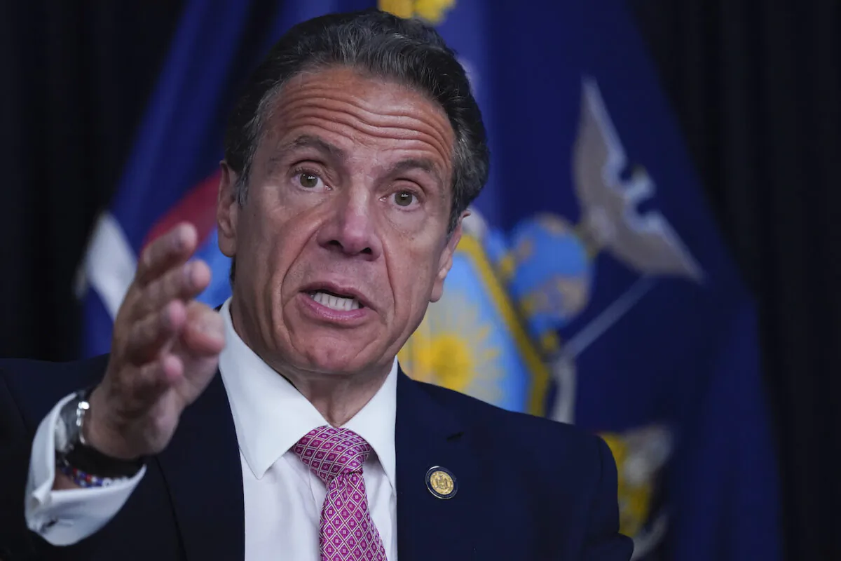 Andrew Cuomo, then New York 's governor, speaks during a news conference in New York City on May 10, 2021. (Mary Altaffer/Pool/Getty Images)