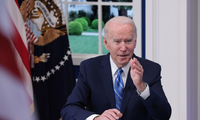 President Joe Biden speaks during a video call with the White House COVID-19 Response team and the National Governors Association in the South Court Auditorium at the Eisenhower Executive Office Building in Washington on Dec. 27, 2021. (Anna Moneymaker/Getty Images)