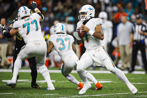 Tua Tagovailoa #1 of the Miami Dolphins looks to pass during the first half against the New Orleans Saints at Caesars Superdome in New Orleans, La., on Dec. 27, 2021. (Chris Graythen/Getty Images)