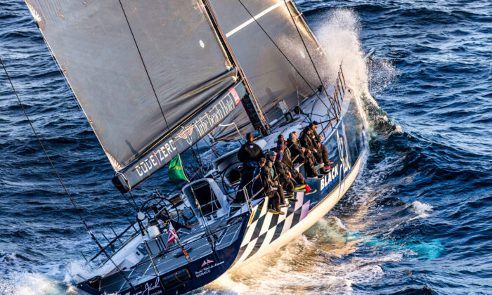 Black Jack, owned by Peter Harburg, skippered by Mark Bradford, designed by Reichel/Pugh 100, sails during the 2021 Sydney to Hobart Yacht Race, in Hobart, Australia, on Dec. 28 2021. (Andrew Francolini/ROLEX via Cruising Yacht Club of Australia/Getty Images).
