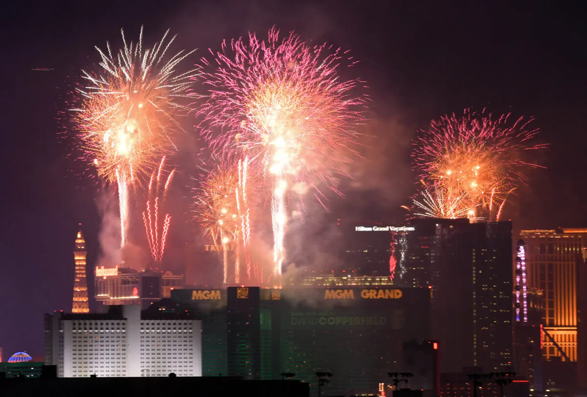 Fireworks illuminate the skyline over the Las Vegas Strip, during an eight-minute-long pyrotechnics show put on by Fireworks by Grucci titled "America's Party", during a New Year's Eve celebration in Las Vegas, Nev., on Jan. 1, 2019. (Ethan Miller/Getty Images) 