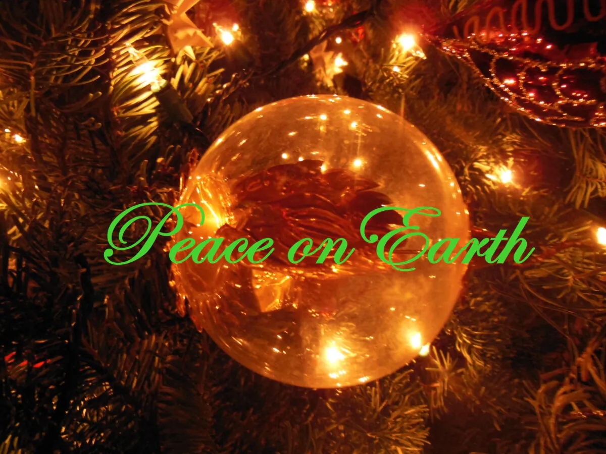 Holiday Greetings on Christmas tree, wishing all Peace on Earth. Ornament on tree. (Dreamtime)