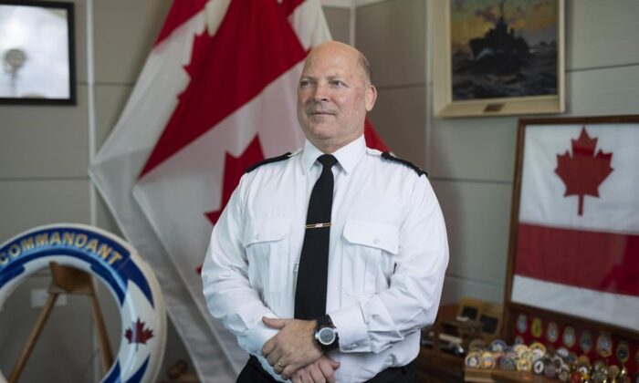Vice-Admiral Craig Baines, commander of the Royal Canadian Navy, stands in his office at National Defence Headquarters (Carling) in Ottawa, Dec. 14, 2021. (The Canadian Press/Justin Tang) 