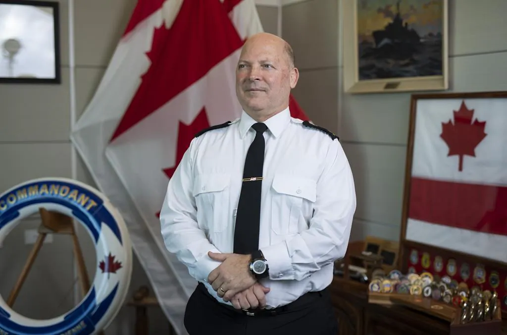 Vice-Admiral Craig Baines, commander of the Royal Canadian Navy, stands in his office at National Defence Headquarters (Carling) in Ottawa, Dec. 14, 2021. (The Canadian Press/Justin Tang) 