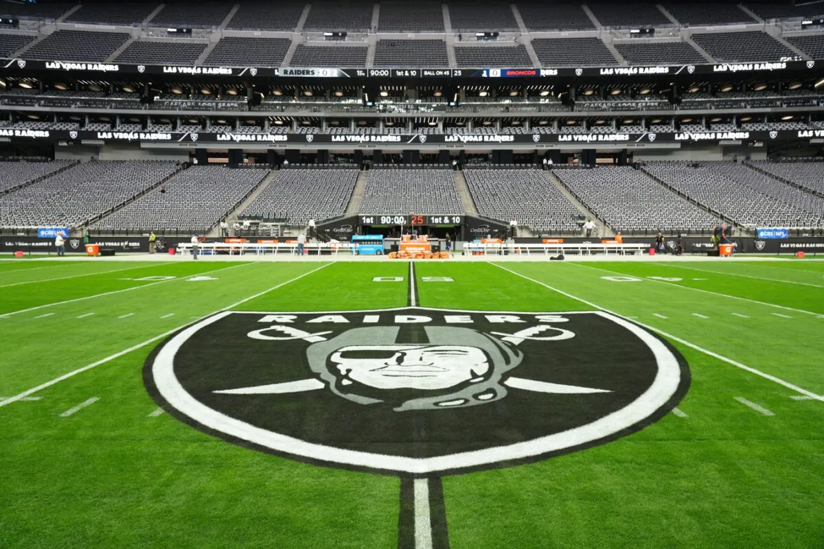 A detailed view of the Las Vegas Raiders shield logo at midfield at Allegiant Stadium, in Paradise, Nev., on Dec. 26, 2021. (Kirby Lee/USA TODAY Sports via Field Level Media)
