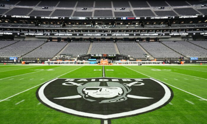 A detailed view of the Las Vegas Raiders shield logo at midfield at Allegiant Stadium, in Paradise, Nev., on Dec. 26, 2021. (Kirby Lee/USA TODAY Sports via Field Level Media)