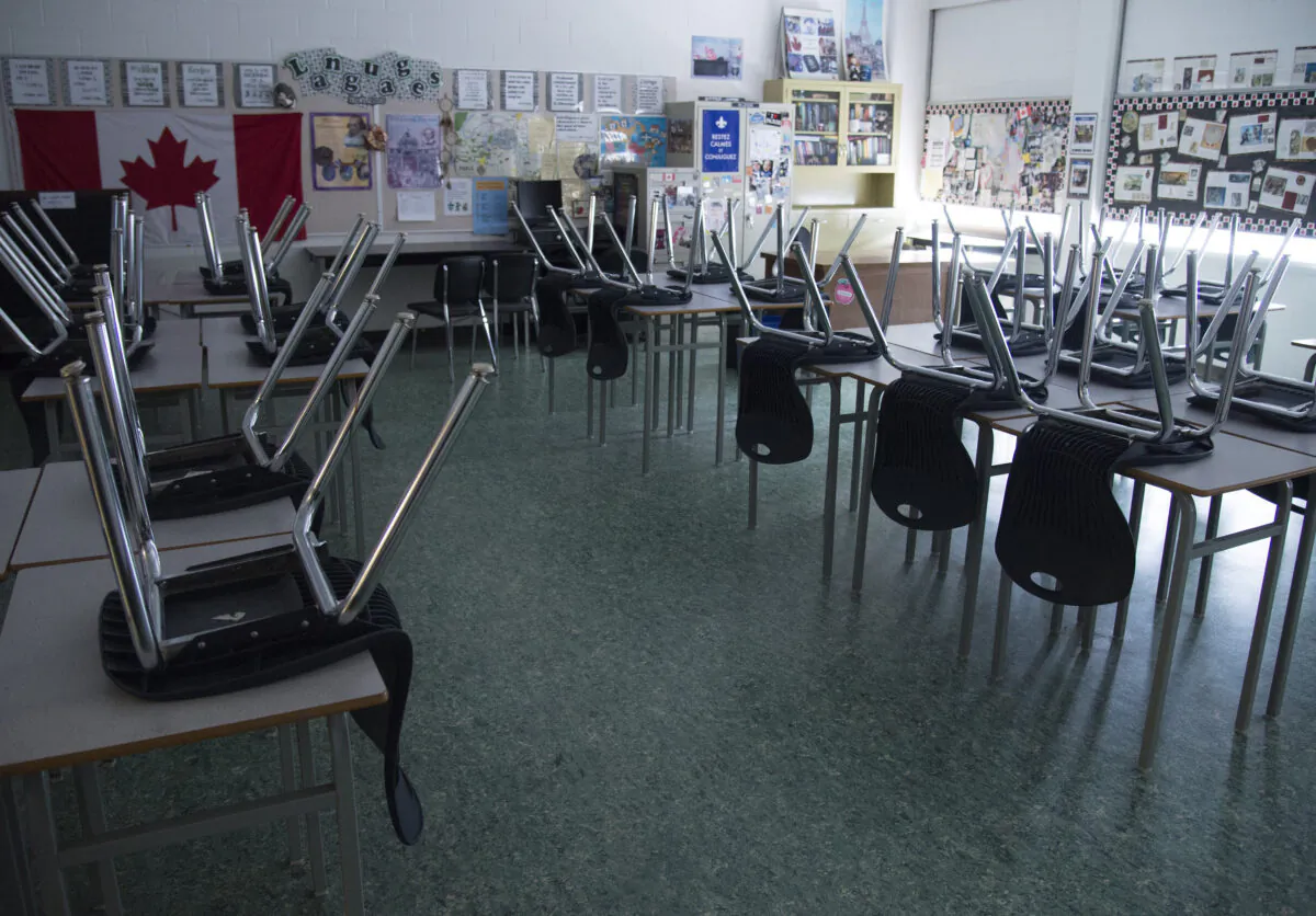 An empty classroom is pictured at Eric Hamber Secondary school in Vancouver, B.C., on March 23, 2020. (Jonathan Hayward/The Canadian Press)