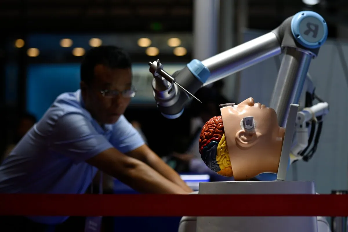 A robotic arm for brain surgery at the 2019 World Robot Conference in Beijing on Aug. 20, 2019. (Wang Zhao/AFP via Getty Images)