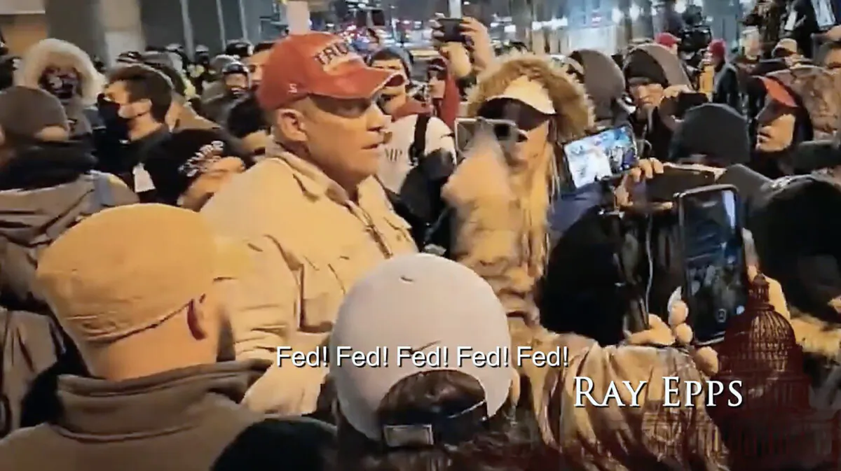 Ray Epps seen on Jan. 5, 2021, trying to recruit men to attack the Capitol. He is accused of being a federal agent. (CapitolPunishmentTheMovie.com/Bark at the Hole Productions)