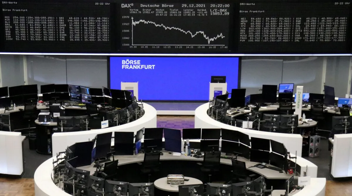 The German share price index DAX graph is pictured at the stock exchange in Frankfurt, Germany, on Dec. 29, 2021. (Staff/Reuters)