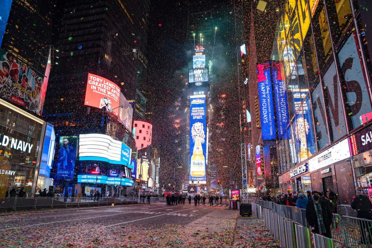 The New Year's Eve ball drops in a mostly empty Times Square, in New York City, on Jan. 1, 2021. (David Dee Delgado/Getty Images)