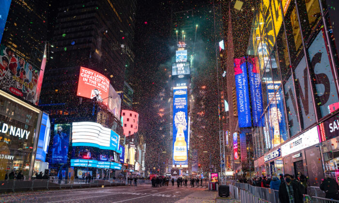 The New Year's Eve ball drops in a mostly empty Times Square, in New York City, on Jan. 1, 2021. (David Dee Delgado/Getty Images)