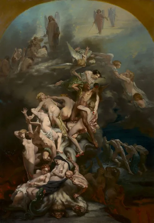 People are going to heaven or hell in “Heaven and Hell,” 1859, by Octave Tassaert. Oil on Canvas, 39 ⅜ inches by 27 ⅜ inches. Cleveland Museum of Art. (Public Domain)