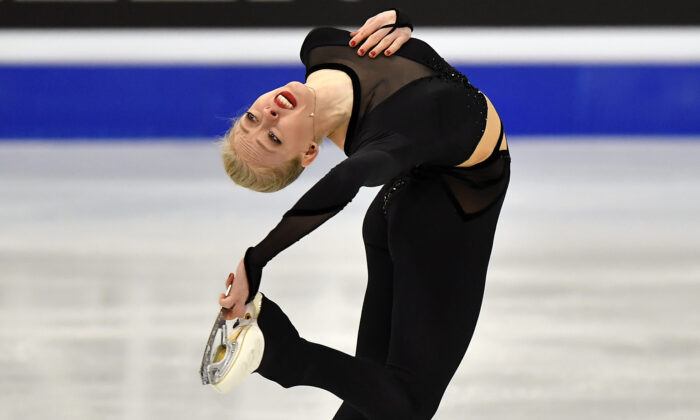 Bradie Tennell of the USA performs during the Ladies Short Program at the Figure Skating World Championships in Stockholm, Sweden, on March 24, 2021. (Martin Meissner/AP Photo)