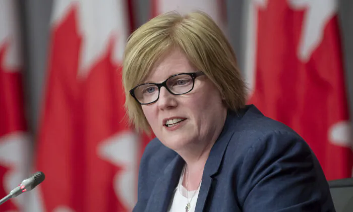 Employment, Workforce Development and Disability Inclusion Minister Carla Qualtrough responds to a question during a news conference in Ottawa on Aug. 20, 2020. (Adrian Wyld/The Canadian Press)