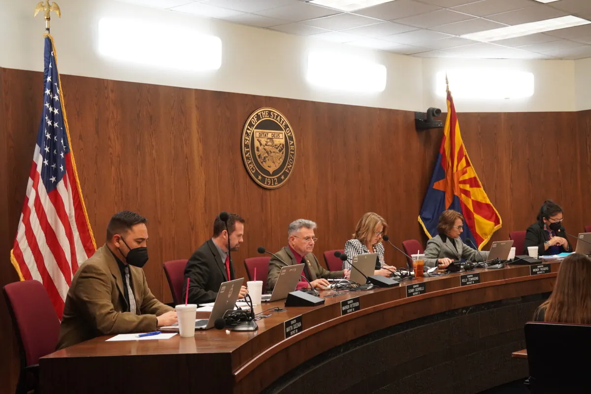 Members of the Arizona Senate Committee On Government voted to recommend passage of six more election related bills to the full state Senate at a hearing in Phoenix on Jan. 31, 2022. (Allan Stein/The Epoch Times)