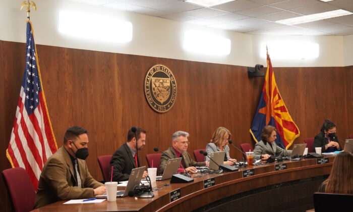 Members of the Arizona Senate Committee On Government voted to recommend passage of six more election related bills to the full state Senate at a hearing in Phoenix on Jan. 31, 2022. (Allan Stein/The Epoch Times)