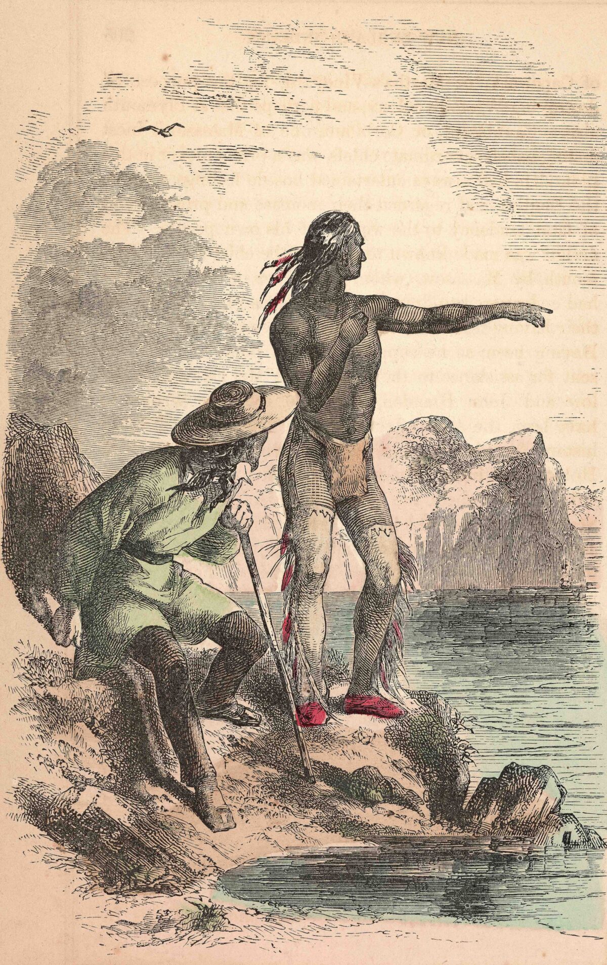 Illustration depicting Native American Squanto (aka Tisquantum, died 1622), of the Patuxet tribe, serving as guide and interpreter for the pilgrim colonists at the Plymouth Colony and Massasoit, circa 1621. He died after contracting smallpox while guiding William Bradford's expedition around Cape Cod, Massachusetts. (Kean Collection/Archive Photos/Getty Images)