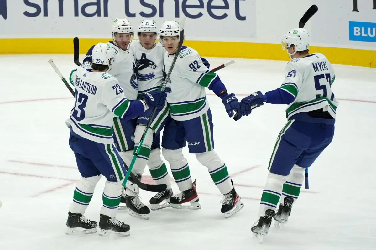 Vancouver Canucks right wing Vasily Podkolzin, second from right, is greeted by teammates after he scored a goal against the Seattle Kraken during the first period of an NHL hockey game in Seattle, on Jan. 1, 2022. (Ted S. Warren/AP Photo)