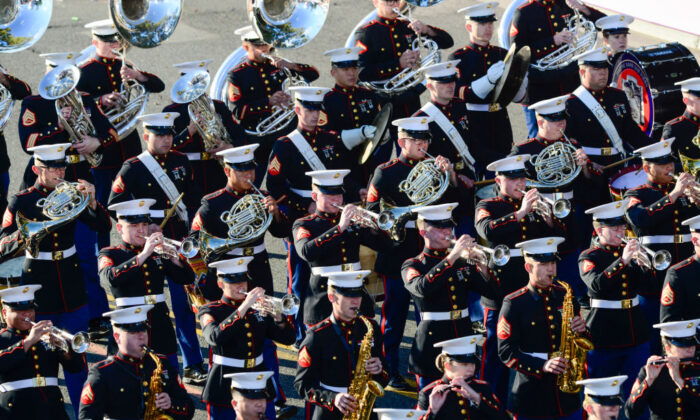 The United States Marine Corps West Coast Composite Band performs in the 133rd Rose Parade Presented By Honda  in Pasadena, Calif., on Jan. 1, 2022. (Jerod Harris/Getty Images)