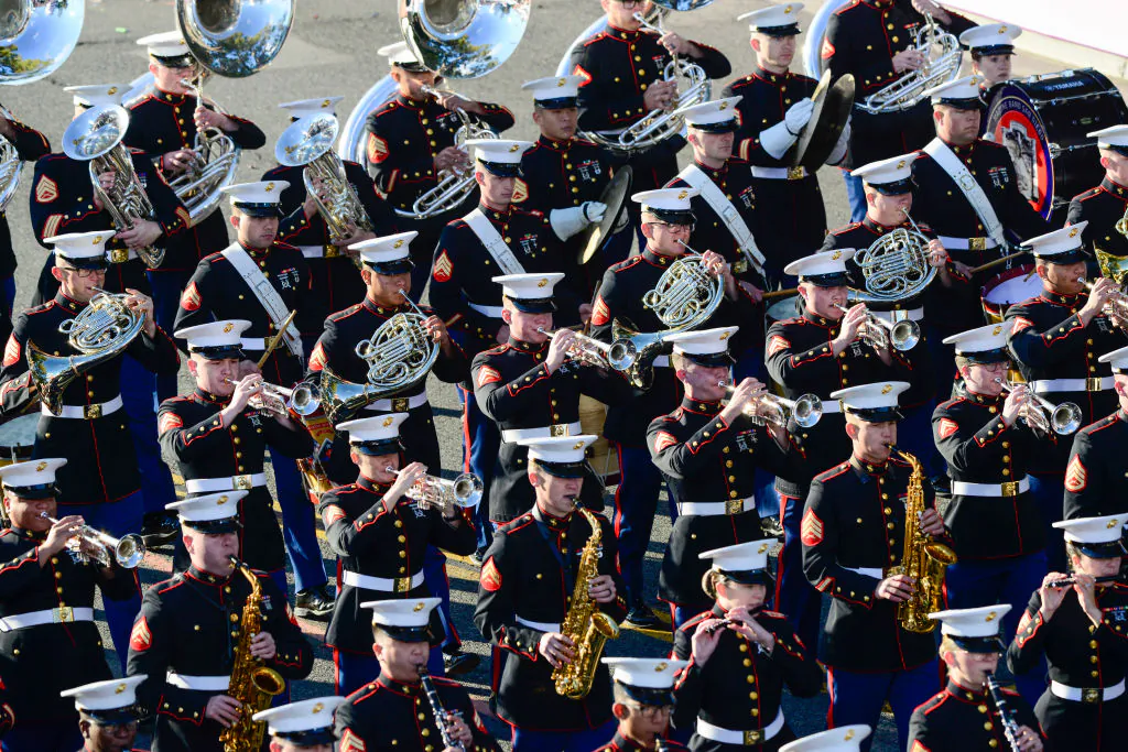 The United States Marine Corps West Coast Composite Band performs in the 133rd Rose Parade Presented By Honda in Pasadena, Calif., on Jan. 1, 2022. (Jerod Harris/Getty Images)