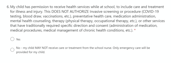 Questions from St Johns County School District Parental Consent for Medical Services Form, issues Dec. 15, 2021.