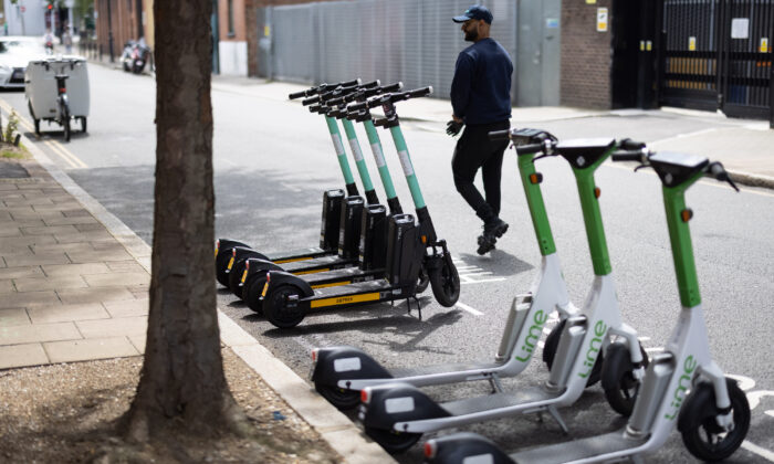 In this file image, a row of electric scooters is seen in in London, England on July 5, 2021. (Leon Neal/Getty Images)